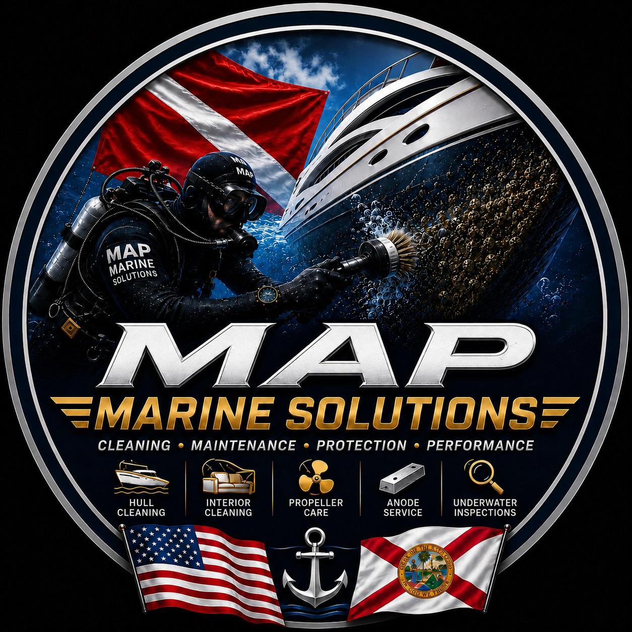 MAP Marine Solutions diver cleaning a yacht